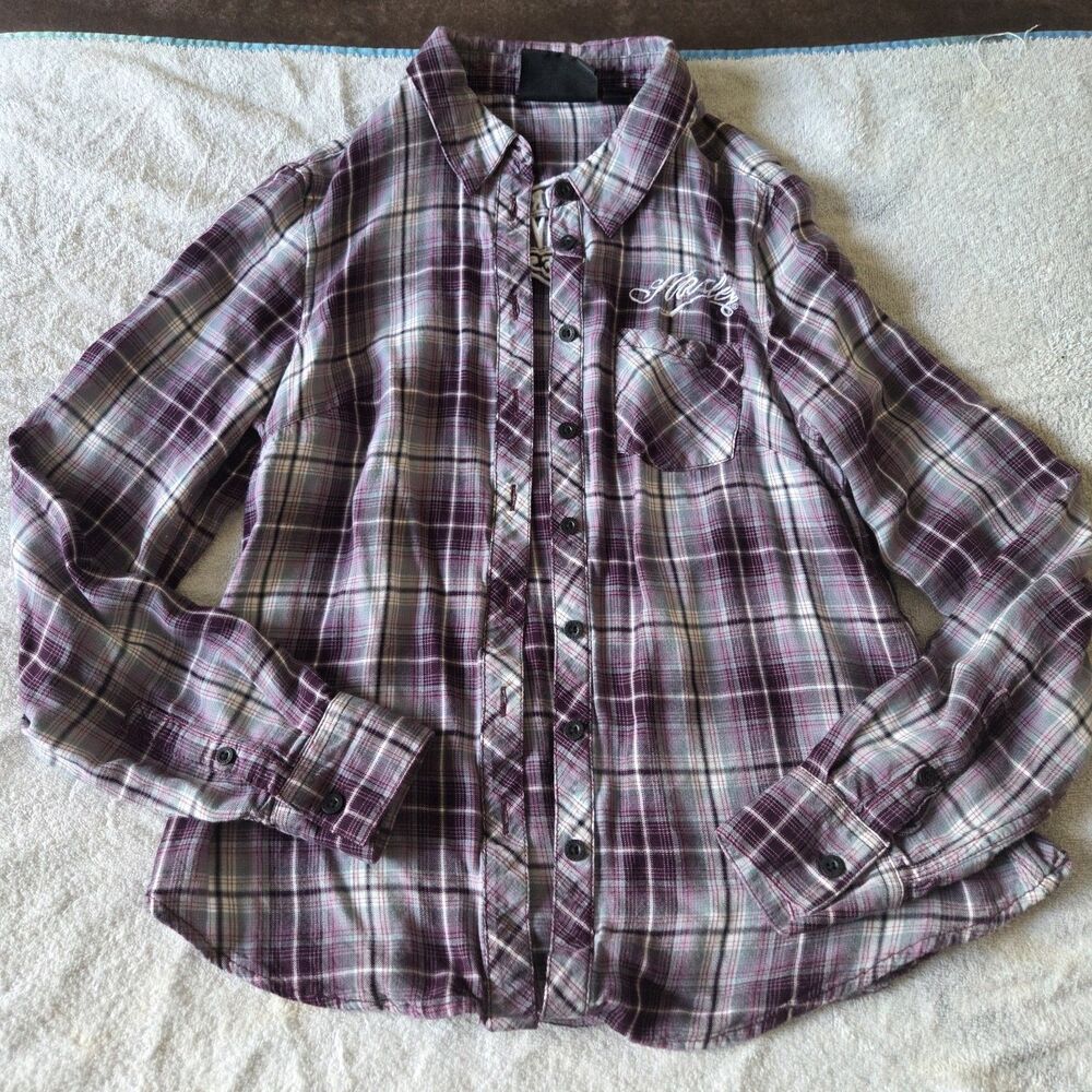 Y2K Harley-Davidson Purple Plaid Button Up Flannel Shirt Fitted Biker Western Sm